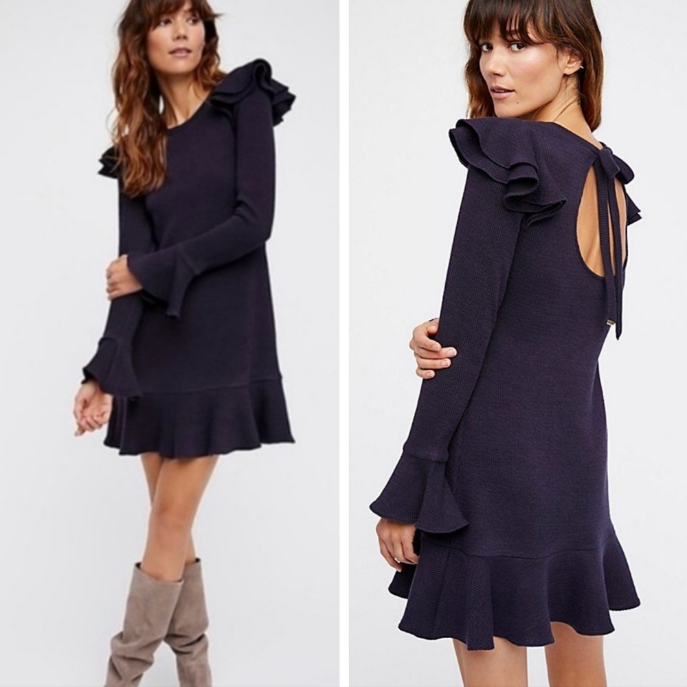 Saylor x Free People Chase Knit Sweater Dress Ruffle Hem Navy Blue Small